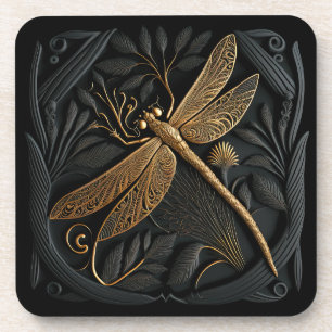 Elegant Golden Dragonfly in Bronze Filigree Coaster