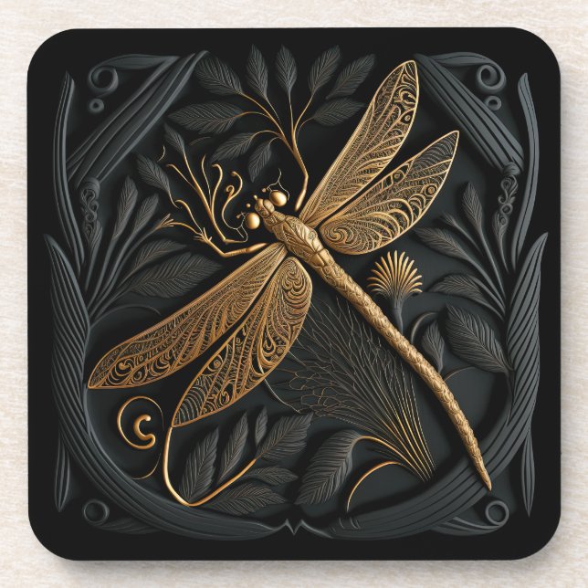 Elegant Golden Dragonfly in Bronze Filigree Coaster (Front)