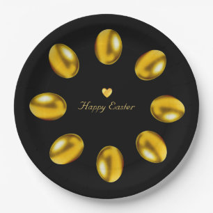 Elegant Golden Easter Eggs on Black Paper Plate