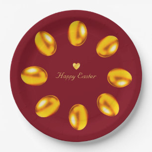 Elegant Golden Easter Eggs on Burgundy Paper Plate