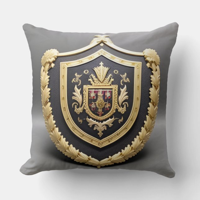Elegant Golden Emblem With Ornate Shield Throw Pillow (Front)