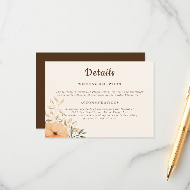 Elegant Golden Fall Flowers Wedding Detail Enclosure Card (Front/Back In Situ)