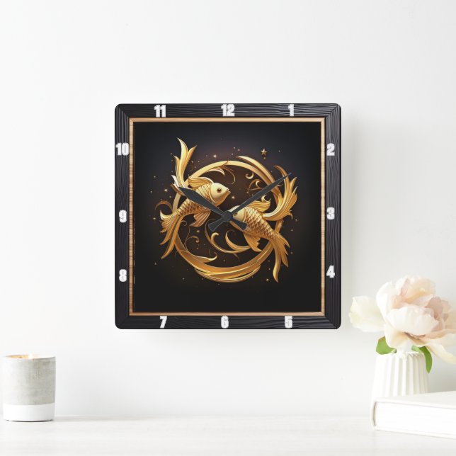 Elegant Golden Fish Square Wall Clock (Home)
