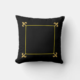 Elegant Golden Fleur de Lis Flowers on Black Throw Pillow