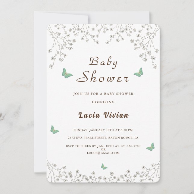 Elegant Golden Floral and Butterfly Baby Shower Invitation (Front)