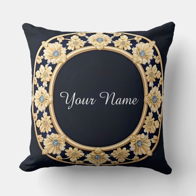 Elegant Golden Floral Frame Throw Pillow (Front)