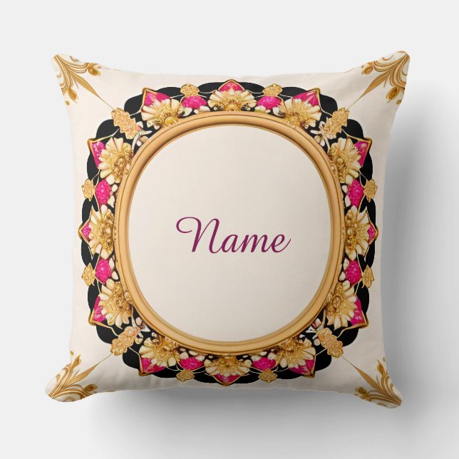 Elegant Golden Floral Frame Throw Pillow (Front)