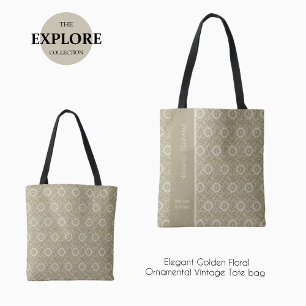 Elegant Golden Floral Ornamental Vintage Tote Bags
