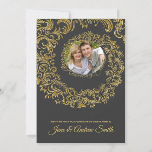 Elegant Golden Floral Photo Anniversary Invitation