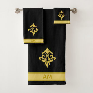 Elegant Golden Flower, Monogram & Stripe on Black