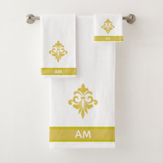Elegant Golden Flower, Monogram & Stripe on White