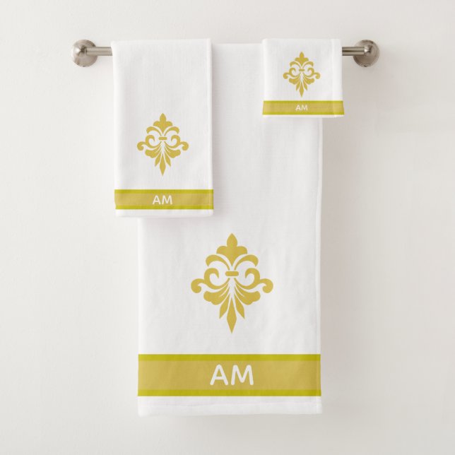 Elegant Golden Flower, Monogram & Stripe on White (En situation)