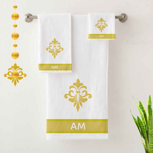 Elegant Golden Flower, Monogram & Stripe on White Bath Towel Set (Creator Uploaded)