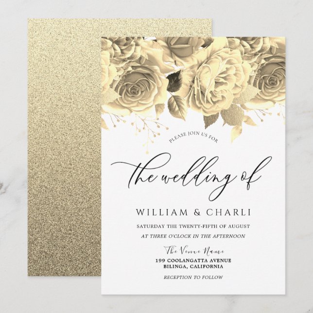 Elegant Golden Flowers All Seasons Wedding Invitation (Front/Back)