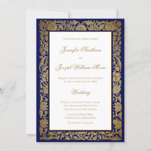 Elegant Golden Flowers and Blue Wedding Invitation