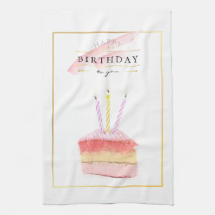 Elegant Golden Frame Birthday Cake Slice Kitchen Towel