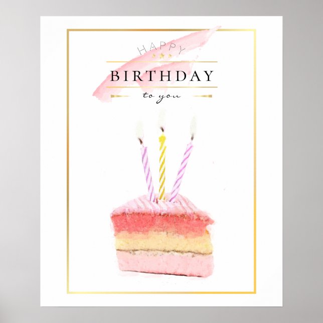 Elegant Golden Frame Birthday Cake Slice Poster (Front)