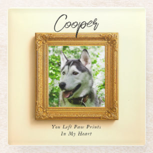 Elegant Golden Frame Photo Dog Memorial Glass Coaster