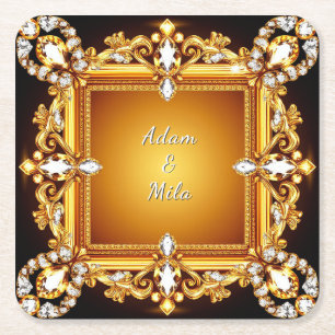 Elegant Golden Frame with Pearls Square Paper Coaster