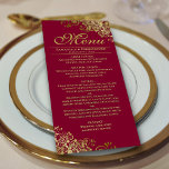 Elegant Golden Frills on Burgundy Wedding Menu<br><div class="desc">This beautiful menu will add some style to your wedding reception. It features a beautiful design with ornate golden faux foil curls and swirls on a burgundy, maroon, or wine red coloured background. There is space for the names of the couple and wedding date, and the text is fully customizable....</div>