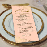 Elegant Golden Frills on Coral Peach Wedding Menu<br><div class="desc">This beautiful menu will add some style to your wedding reception. It features a beautiful design with ornate golden faux foil curls and swirls on a pale orange or coral peach coloured background. There is space for the names of the couple and wedding date, and the text is fully customizable....</div>