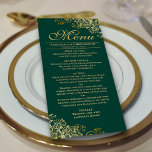Elegant Golden Frills on Emerald Green Wedding Menu<br><div class="desc">This beautiful menu will add some style to your wedding reception. It features a beautiful design with ornate golden faux foil curls and swirls on an emerald green coloured background. There is space for the names of the couple and wedding date, and the text is fully customizable. Elegant, classy, and...</div>
