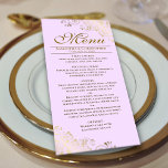 Elegant Golden Frills on Lilac Purple Wedding Menu<br><div class="desc">This beautiful menu will add some style to your wedding reception. It features a beautiful design with ornate golden faux foil curls and swirls on a pale lilac purple coloured background. There is space for the names of the couple and wedding date, and the text is fully customizable. Classy, stylish,...</div>