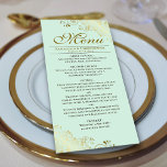 Elegant Golden Frills on Mint Green Wedding Menu<br><div class="desc">This beautiful menu will add some style to your wedding reception. It features a beautiful design with ornate golden faux foil curls and swirls on a pale mint green coloured background. There is space for the names of the couple and wedding date, and the text is fully customizable. Classy, stylish,...</div>