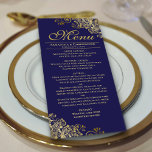 Elegant Golden Frills on Navy Blue Wedding Menu<br><div class="desc">This beautiful menu will add some style to your wedding reception. It features a beautiful design with ornate golden faux foil curls and swirls on a navy blue background. There is space for the names of the couple and wedding date, and the text is fully customizable. Elegant, classy, and glam,...</div>