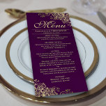 Elegant Golden Frills on Plum Purple Wedding Menu<br><div class="desc">This beautiful menu will add some style to your wedding reception. It features a beautiful design with ornate golden faux foil curls and swirls on a deep plum purple or eggplant coloured background. There is space for the names of the couple and wedding date, and the text is fully customizable....</div>