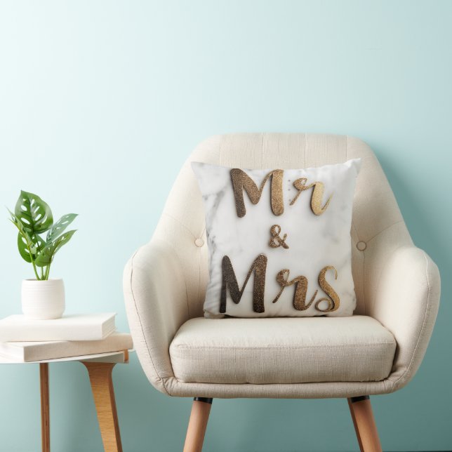 Elegant Golden Glitter "Mr & Mrs" on a Marble Back Throw Pillow (Chair)