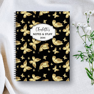 Elegant Golden Gold Butterfly Script Name Monogram Notebook