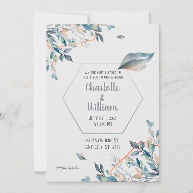 Elegant Golden Greenery leaves Wedding Invitation (Front)