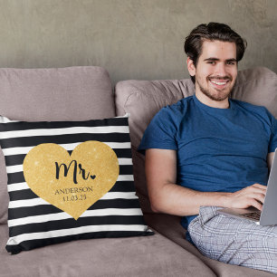 Elegant Golden Heart Black Stripes Just Married Throw Pillow