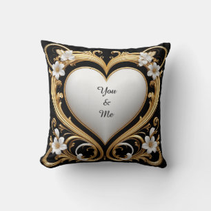 Elegant Golden Heart Frame With White Flowers Throw Pillow