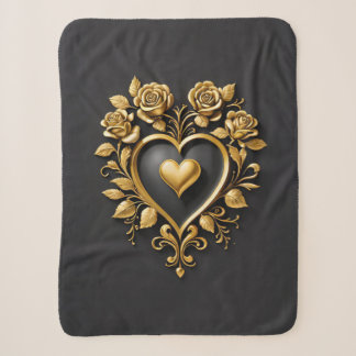Elegant golden heart with blooming roses sherpa blanket