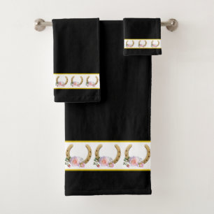 Elegant, Golden Horseshoes on Black and White Bath Towel Set