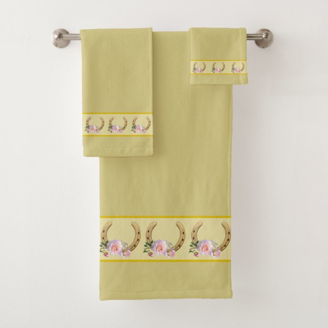 Elegant, Golden Horseshoes on Light Beige Bath Towel Set (Insitu)