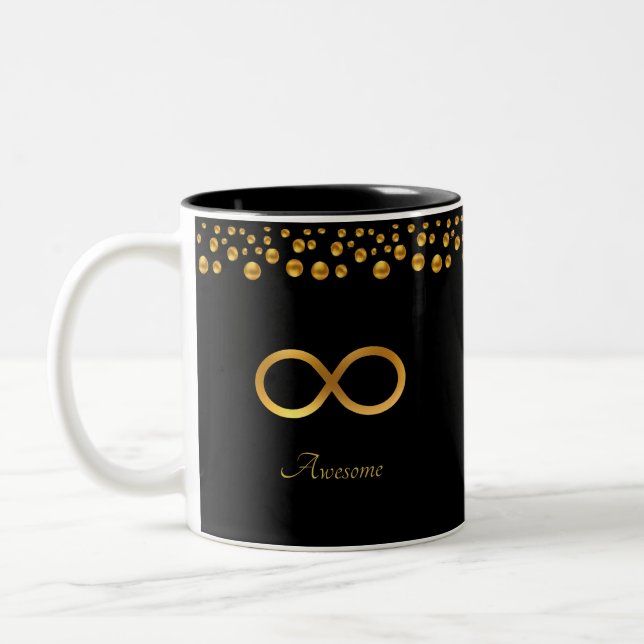 Elegant Golden Infinity Symbol & Confetti on Black Two-Tone Coffee Mug (Left)