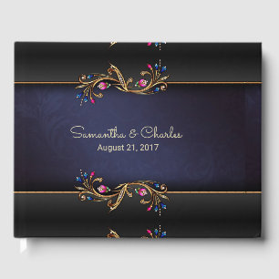 Elegant Golden Jewel Flowers Wedding Guest Book