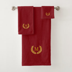 Elegant Golden Laurel & Monogram on Maroon Bath Towel Set
