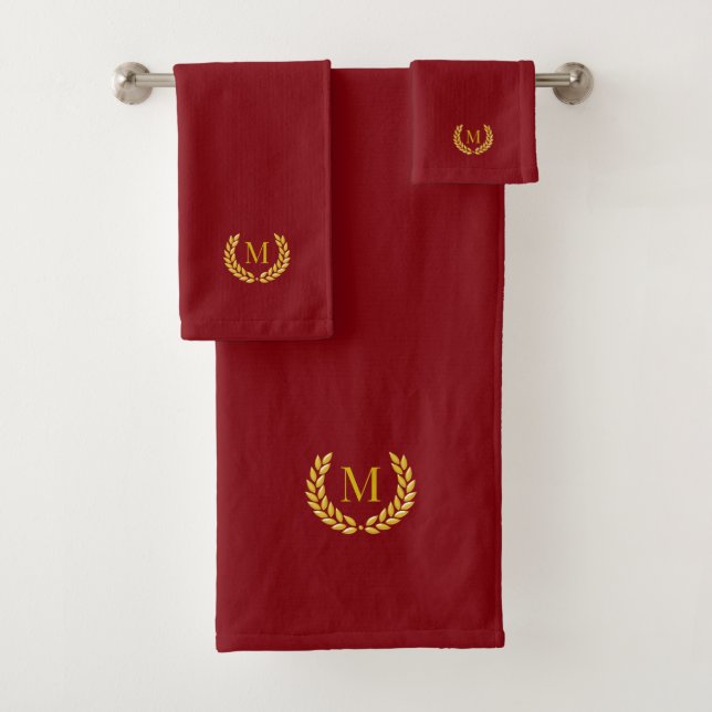 Elegant Golden Laurel & Monogram on Maroon Bath Towel Set (Insitu)