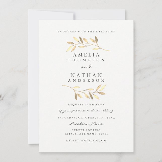 Elegant Golden Leaf Garden Wedding Invitation (Front)