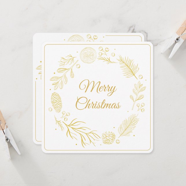 Elegant Golden Leaves & Berries Christmas square Invitation (Front/Back In Situ)