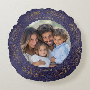 Elegant Golden Leaves Family Photo Christmas Blue Round Pillow