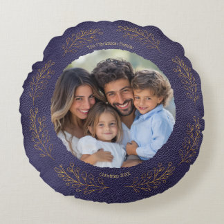 Elegant Golden Leaves Family Photo Christmas Blue Round Pillow