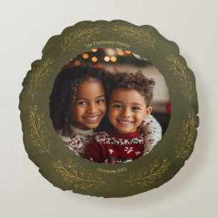Elegant Golden Leaves Family Photo Christmas Green Round Pillow