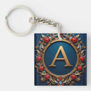 Elegant Golden Letter A Surrounded by Hearts Keychain