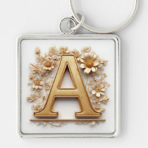 Elegant Golden Letter A with Delicate Flowers Keychain