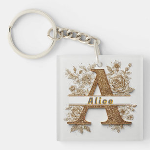 Elegant Golden Letter A with Delicate Flowers Keychain